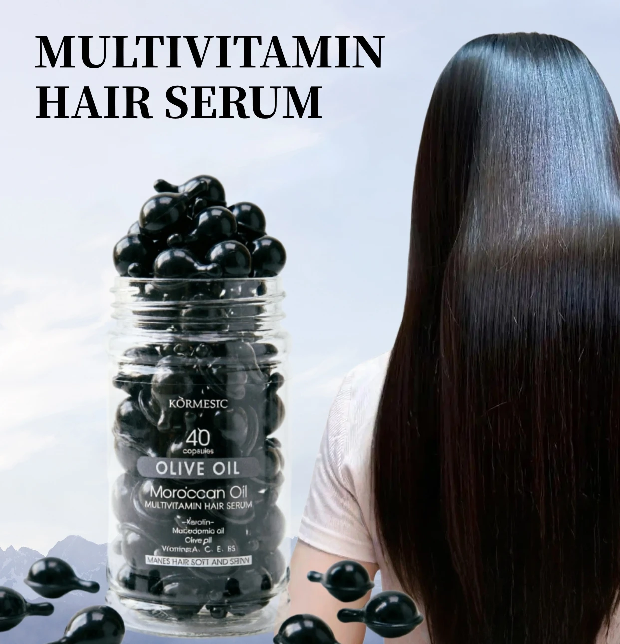 40 Capsules/Bottle of Hair Care Essential Oil, Rich in Olive Oil, Multivitamins and Other Ingredients, Repairs Damaged, Frizzy, and Tangled Hair, Quickly Restores Softness, Smoothness, and Shine, and Straightens Hair