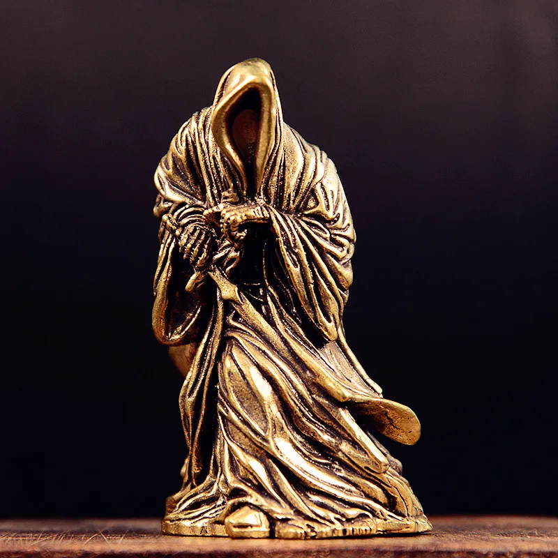 1 Pcs Brass Holy Death Statue Standing Religious Decorative Figurine Grim Reaper Holding Scythe Statue Altar Halloween