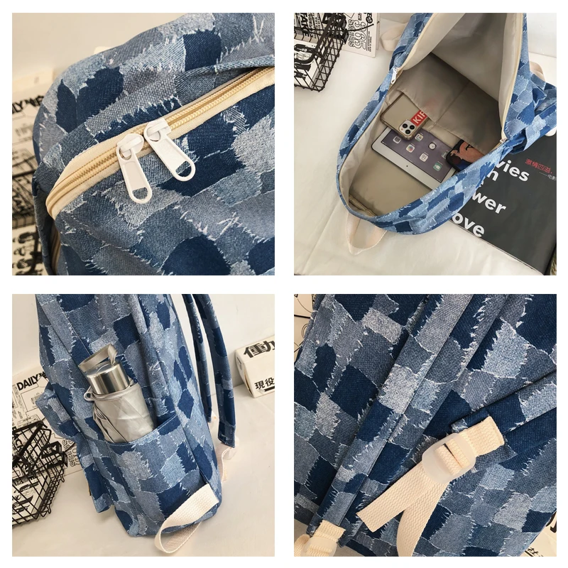 2021 Unisex Jean Plaid Laptop Backpack Travel Denim Daily Backpack High Capacity Casual Shoulders Bag Korean Fashion Schoolbags
