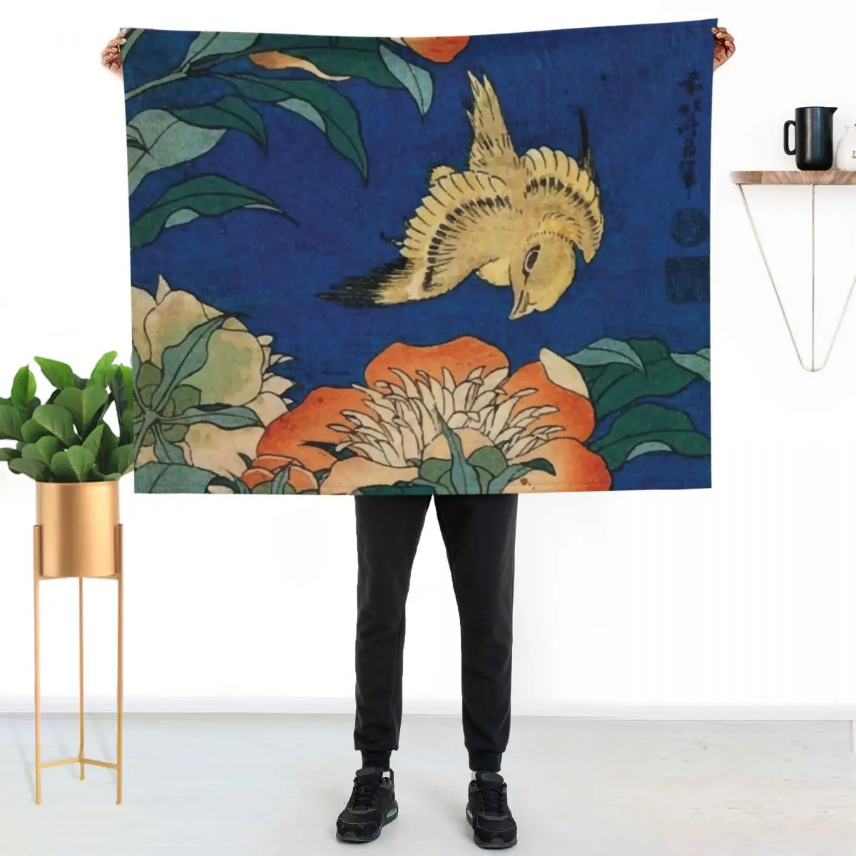 Katsushika Hokusai | Canary and Peony Throw Blanket bed plaid Luxury sofa bed Beautifuls Blankets