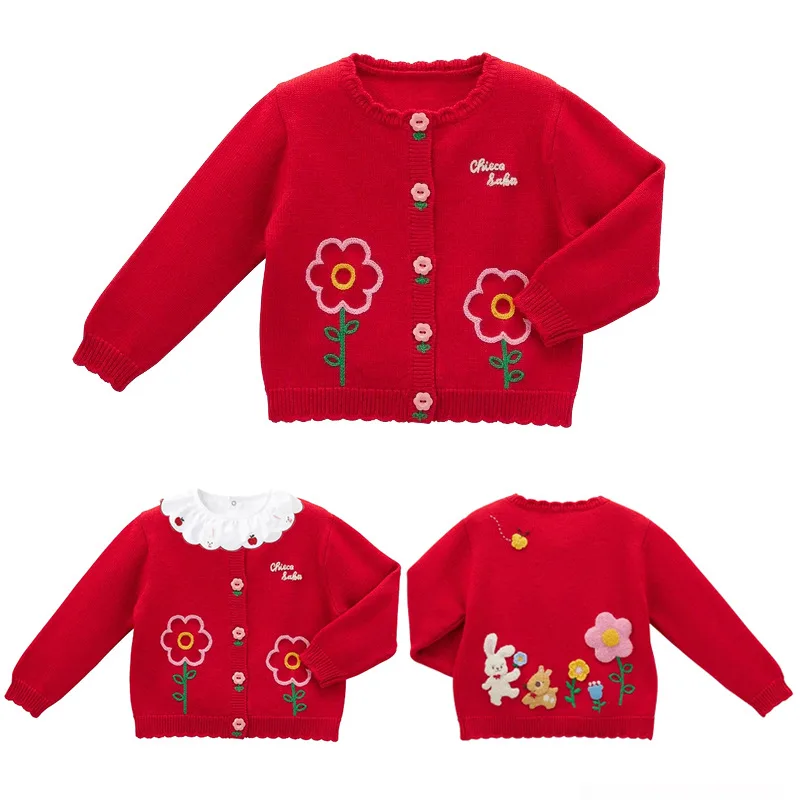 

Новинка 2025 года, вязаный свитер для девочек, мультяшный счастливый кролик, вышивка с милыми цветами, весенний кардиган с милым кроликом для девочек, верхняя одежда