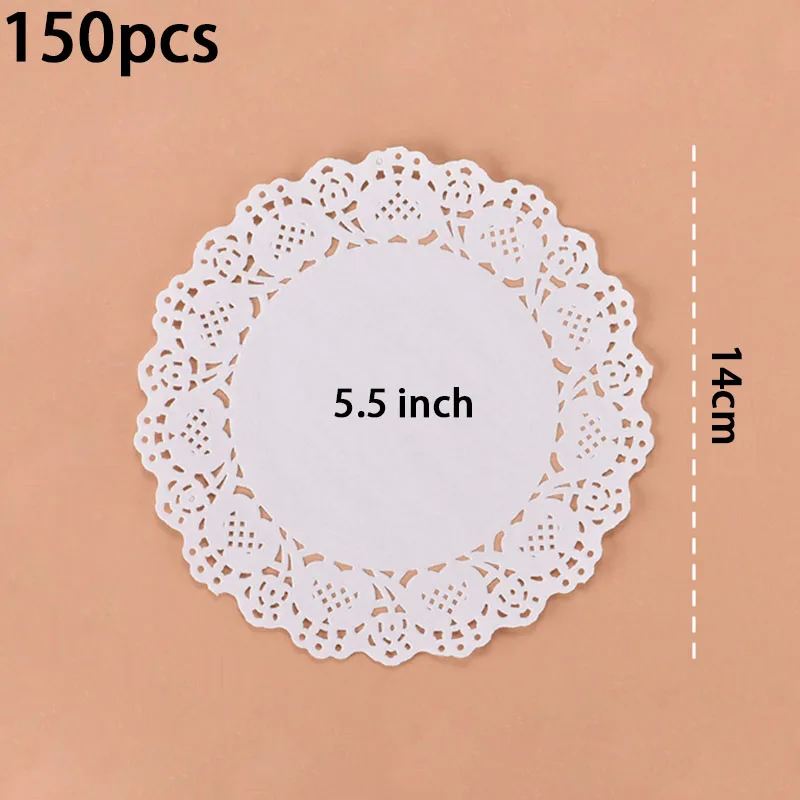 Produktbild von Runde Papier-Doily-Set – 150 Stück, 3 Größen (6,5/7,5/8,5 Zoll), Weiß – Für Kuchen, Buffet & Partydeko