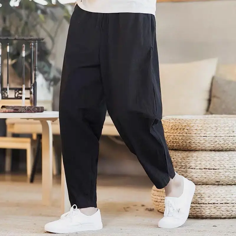 Loose Cotton Linen Men's Casual Nine-Piece Cucumber Pants Lantern Pants Straight Leg Harlan Partition Large Size Summer Fashion