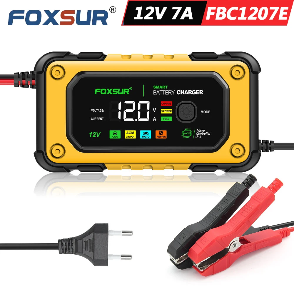 FOXSUR 12V 7A FBC1207E Universal Repair Car Battery Charger Intelligent Repair Motorcycle Charger for Lead Acid LiFePO4 Battery