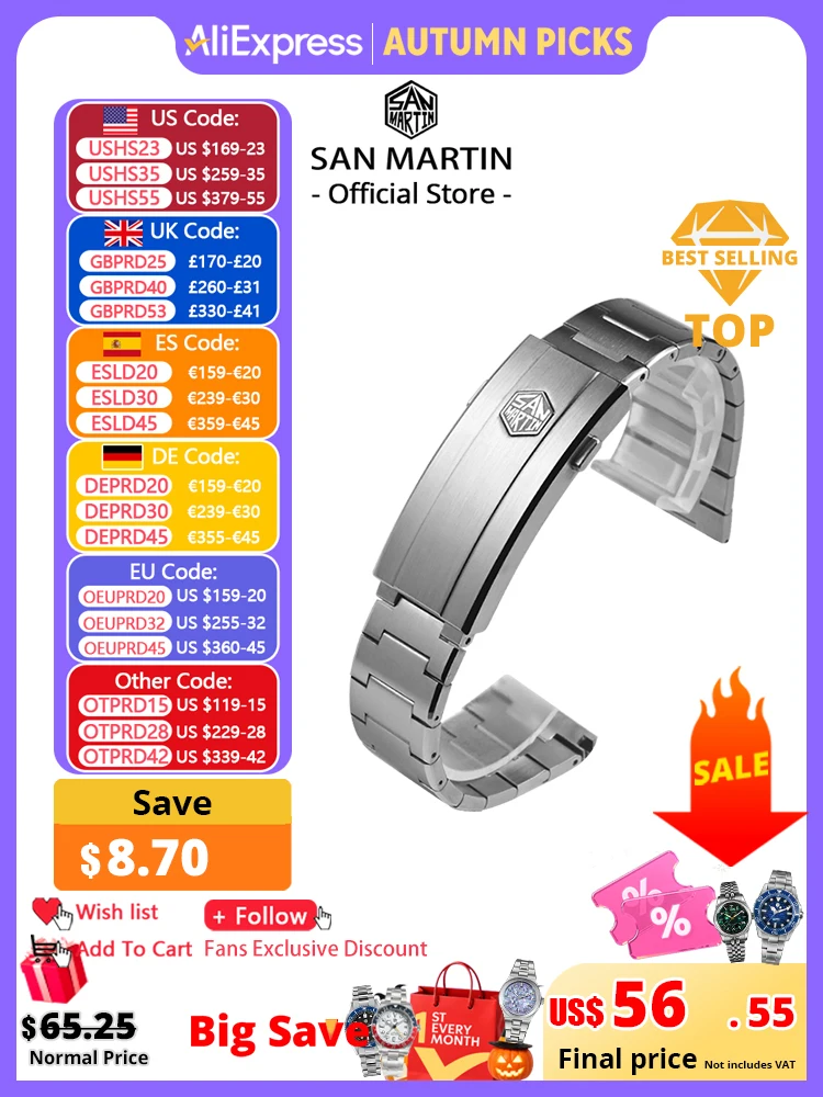 San Martin SN0151 Bracelet 316L Stainless Steel Y Links Strap OTF Adjustable Clasp Watch Parts Strap For 20mm Dedicated Endlinks