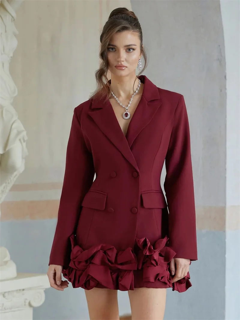 

Dark Red Long Women Suit 1 Pcs Blazer Prom Dress Ruffles Hem Formal Office Lady Jacket Customized Wedding Guest Coat