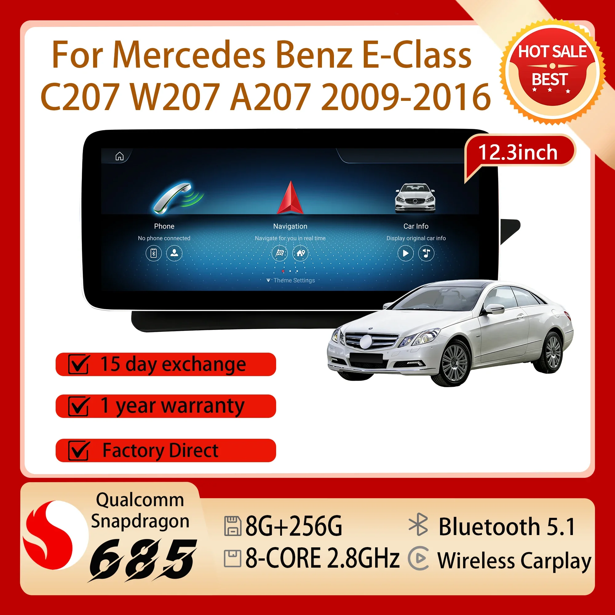 12.3 inch Right Hand Drive Android 14 Snapdragon 685 Touch Screen For Mercedes Benz E-Class C207 W207 A207 2009-2016 GPS Radio