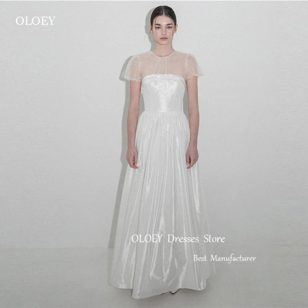 OLOEY Vintage Simple A Line Korea Wedding Dresses Short Sleeves O-Neck Taffeta Floor Length Bridal Gowns Party Photo shoot