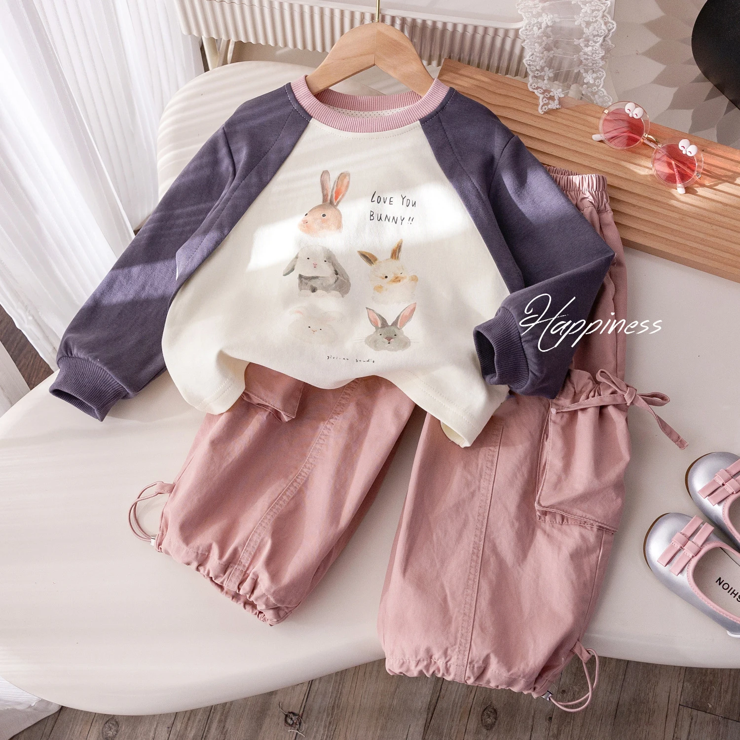 Baby Girls' Spring Autumn Set Fashion Cartoon Rabbit Printed Long Sleeve Top O-neck Sweatshirt Casual Pink Loose Cargo Pants