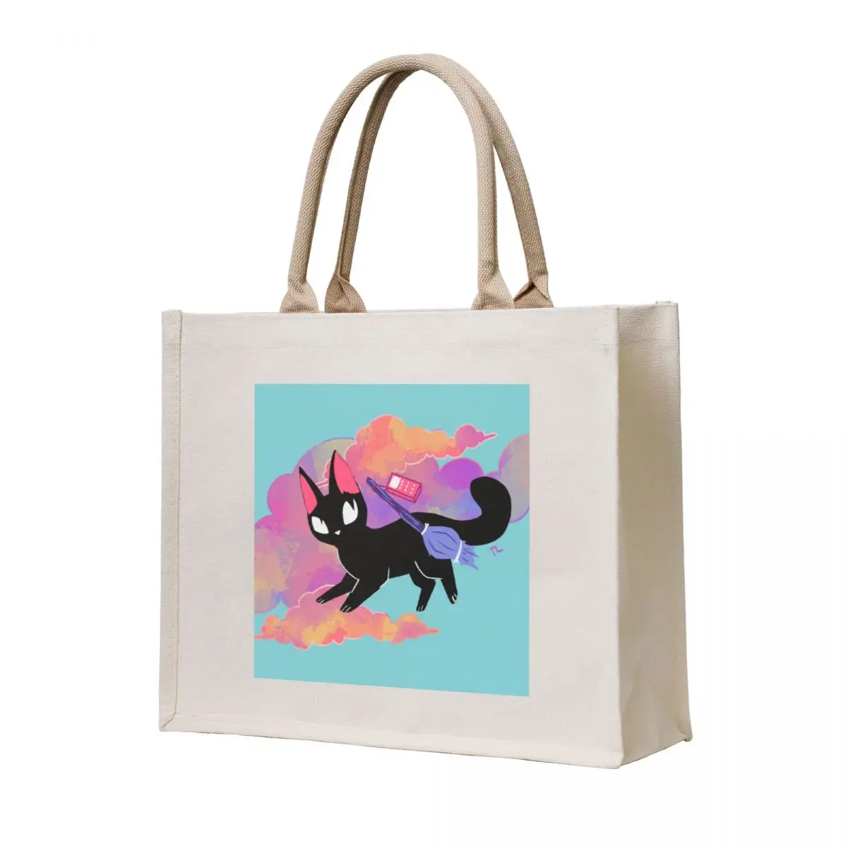 

Black Cat in Pastel Sky with Broomstick Tote Bag canvas bags handbag Canvas Women's bags