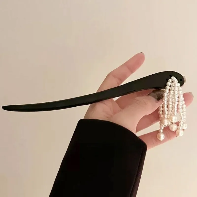 

Элегантная заколка для волос из черного сандалового дерева с жемчужной подвеской – минималистичная заколка в китайском стиле для ханьфу, ципао и повседневной носки.