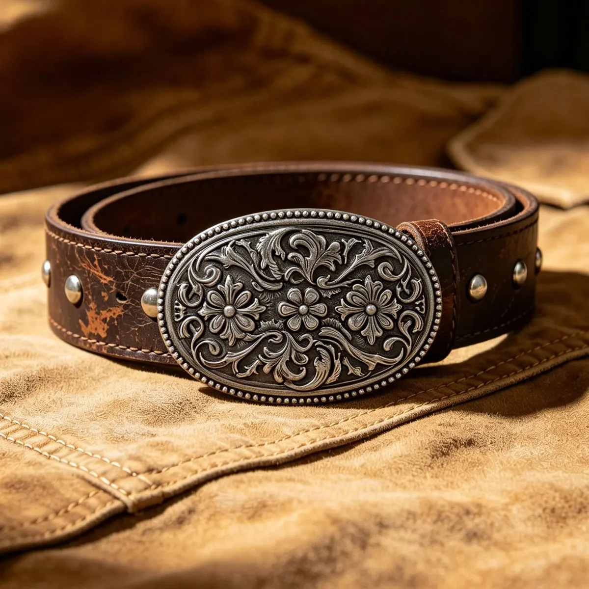 Retro Western Floral Belt Buckle Fashionable Leather Cowboy Accessory Classic Trend for Stylish Outfits