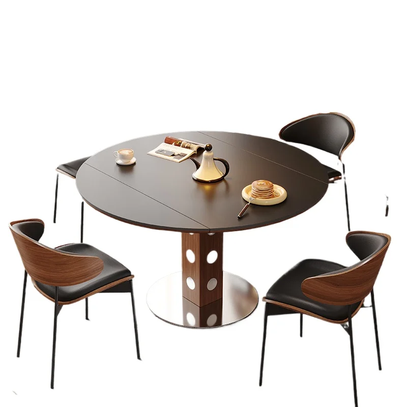 

Black rock slab dining table retractable round table, eating table for home use, small apartment dining table retro