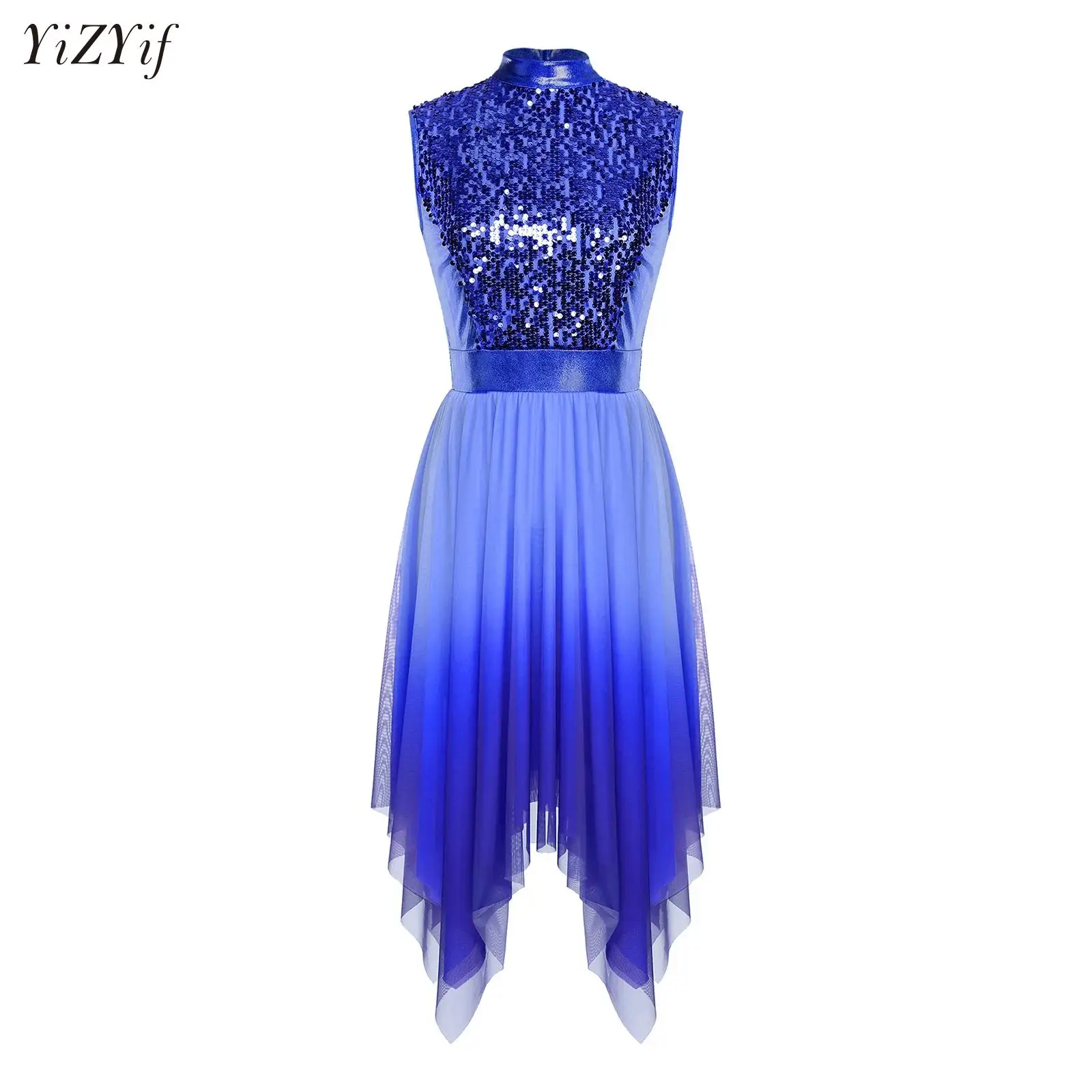 

Women Liturgical Praise Dance Long Sleeve Asymmetrical Hem Gradient Color Dress Modern Lyrical Church Choir Dancewear Clothes