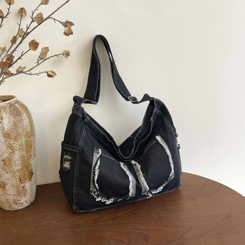

Distressed Denim Tote Bag for Women Stylish Fashionable and Versatile for Daily Use Shoulder Bag Spacious Vintage Commuting Bag