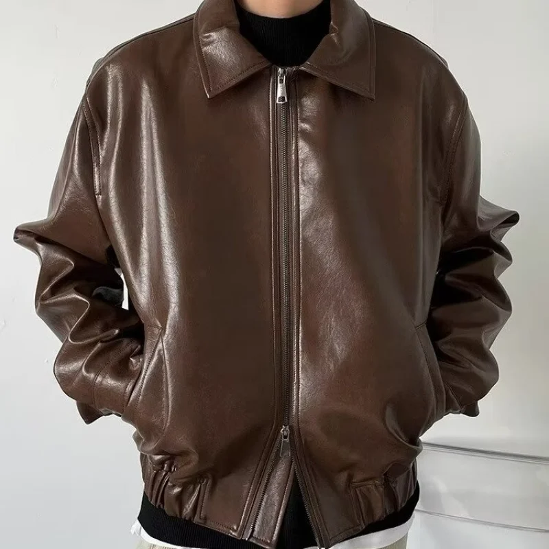 

Korean Style Spring and Autumn Retro Loose Short Leather Coat Men Stylish Trendy TopinsFashion