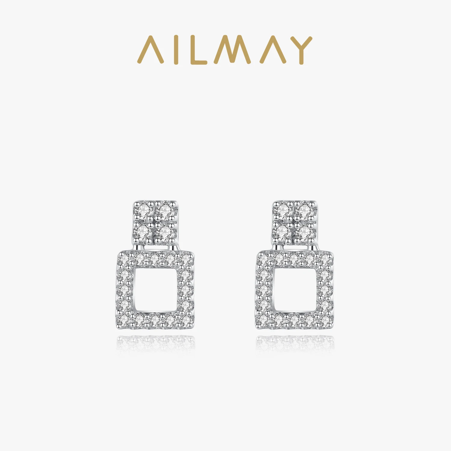 Ailmay Top Quality Real 925 Sterling Silver Geometric Design Shiny Zircon Earring For Women Girls Party Accessories Jewelry