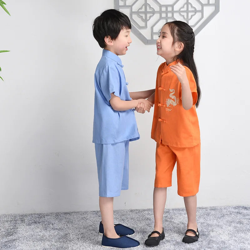 Children's Chinese Retro Short Sleeved Tang Suit Girls Boys Traditional Costumes 2024 Summer New Hanfu Tops Pants Outfit