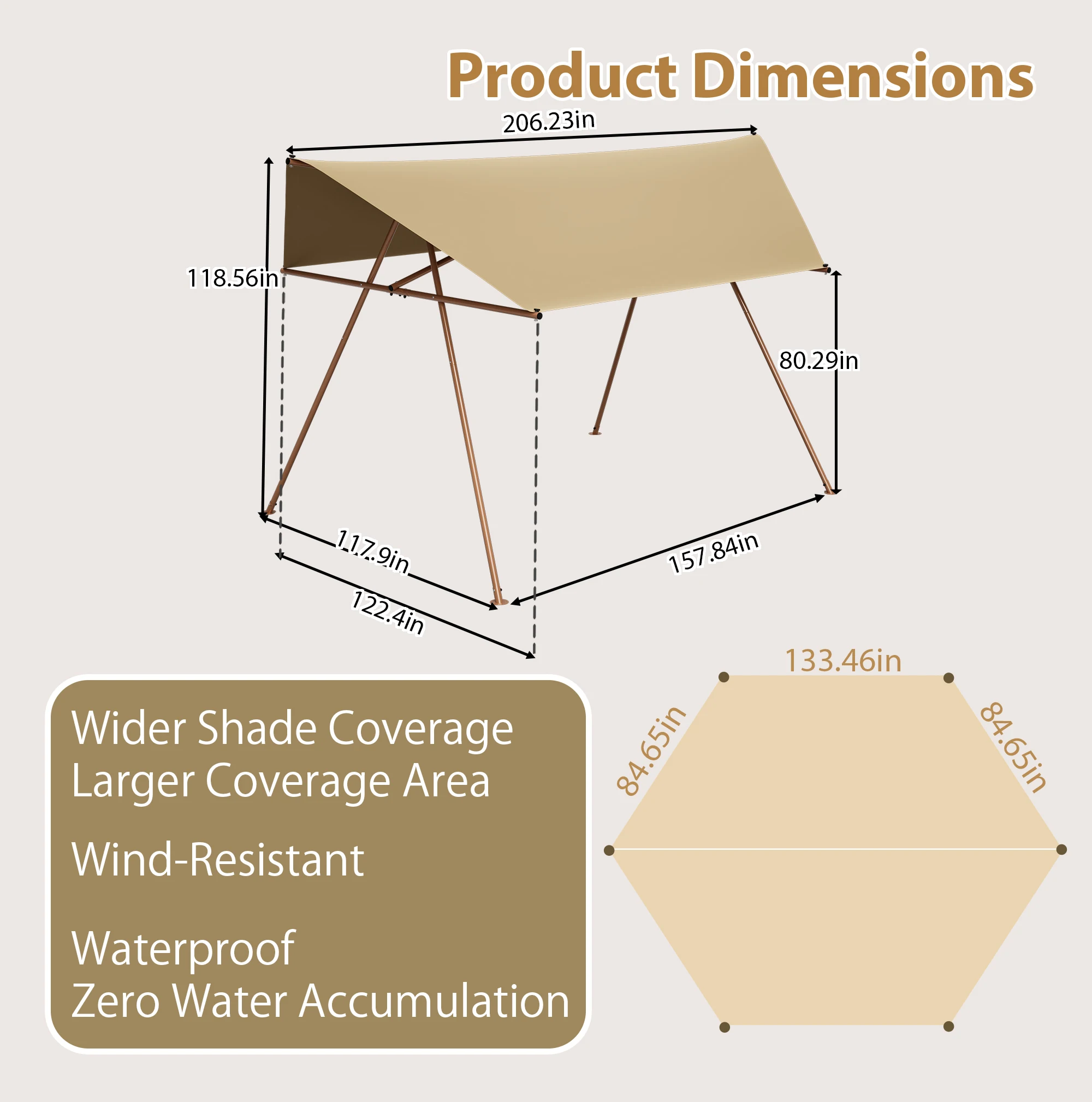 Hexagonal Shade Sail Canopy, 206*118FT UPF 50+ Waterproof Sun Shade with Brown Poles, Light Khaki