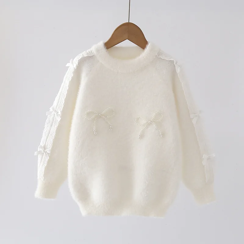 Elegant Lace Trim Long Sleeve Girl's Sweaters with Butterfly-knot Fairy-tale Princess Tiny Pearls Knit Pullover Student JY10131
