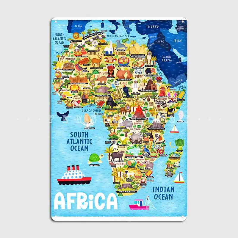 Africa Food And Animal Map Poster Metal Plaque Create Wall Mural Cave Pub Poster Tin Sign Posters