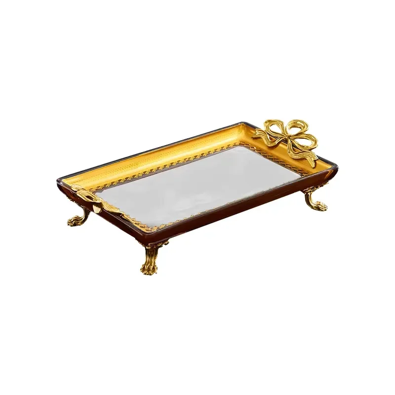 New Arrival Home Decor Copper Gold Bowknot Decorative Rectangle Crystal Serving Trays