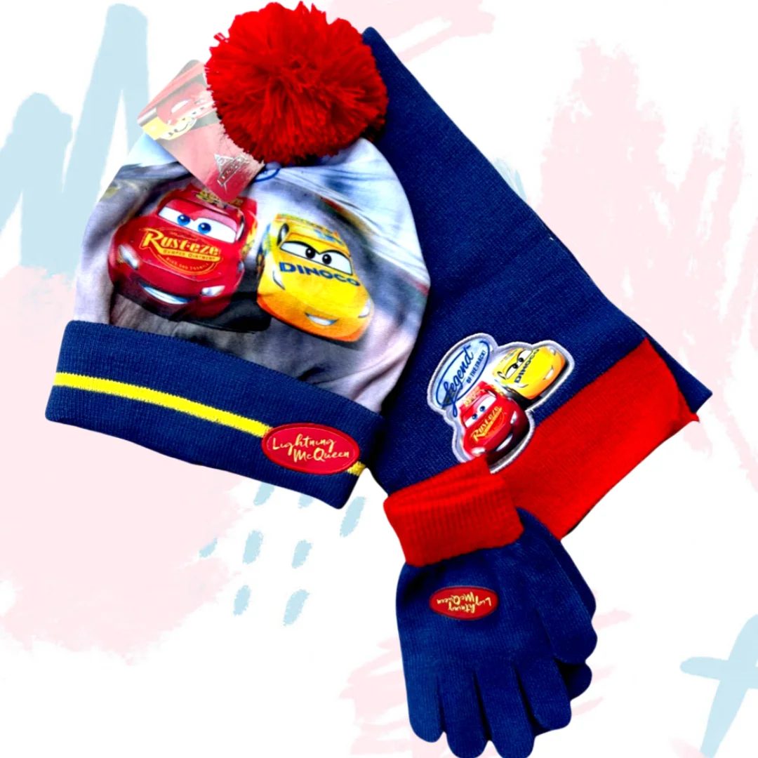 

3 шт./компл., детская шапка для девочек и мальчиков, шапка с рисунком автомобиля, шарф, перчатки, теплый комплект, вязаные головные уборы с изображением молнии Маккуина, аниме