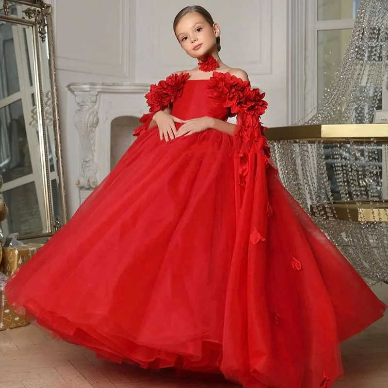 Pageant Dress for Girls Kids Red Princess Birthday Gown Piano Performance Host Formal Celebration Flower Girl Dresses Costume
