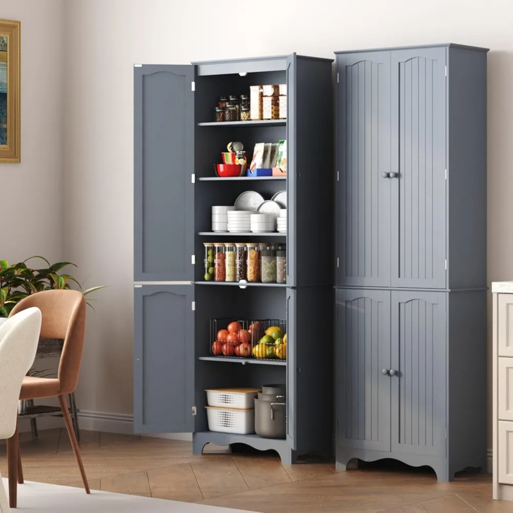 

Tall Pantry Cabinet, Freestanding Storage Cabinet, Wooden Kitchen Pantry with 4 Doors and 5 Shelves, 72 Floor