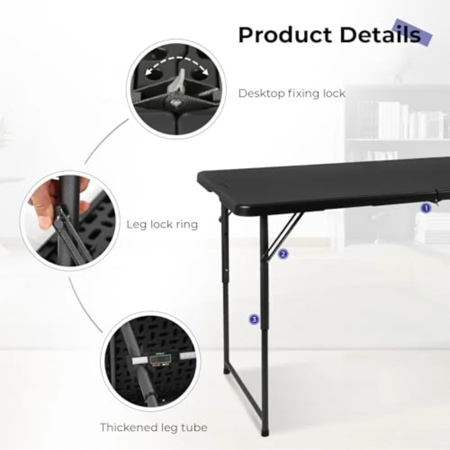 Folding Table 4 Foot Portable Heavy Duty Plastic Fold-in-Half Utility Table Small Indoor Outdoor Adjustable Height Folding with - view 5