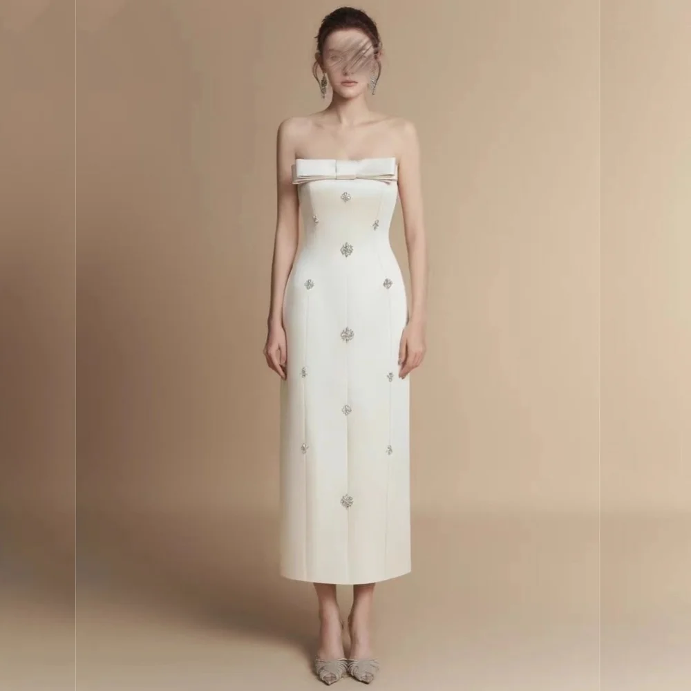 

Customized Jersey Bow Beading Strapless Straight Midi Dresses Evening Gown Bespoke Occasion Homecoming Party Elegant Formal