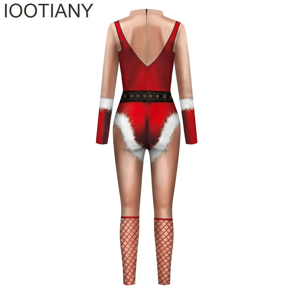 Iootiany Kerst Rode Kousen Print Cosplay Kostuum Sexy Jumpsuit Nieuwe Bodysuit Volwassen Carnaval Feest Kleding Monos Mujer Xmas