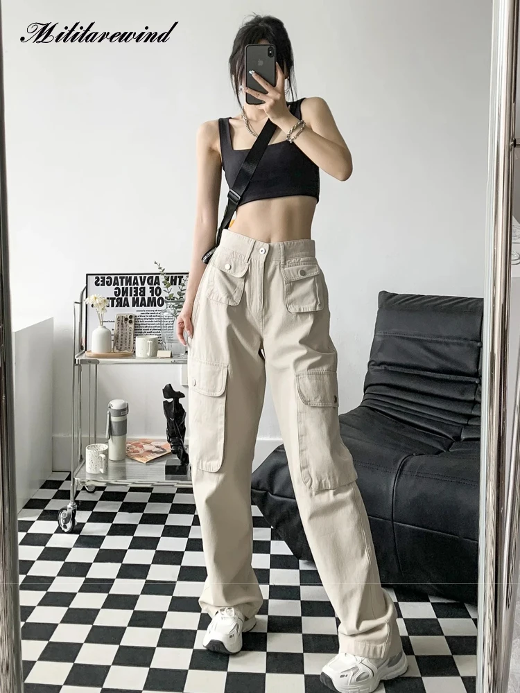 Spring Summer Cargo Pants Women High Waist Multi-pockets Casual Straight Wide Leg Pants Hot Girl Sports Dance Trousers Femme