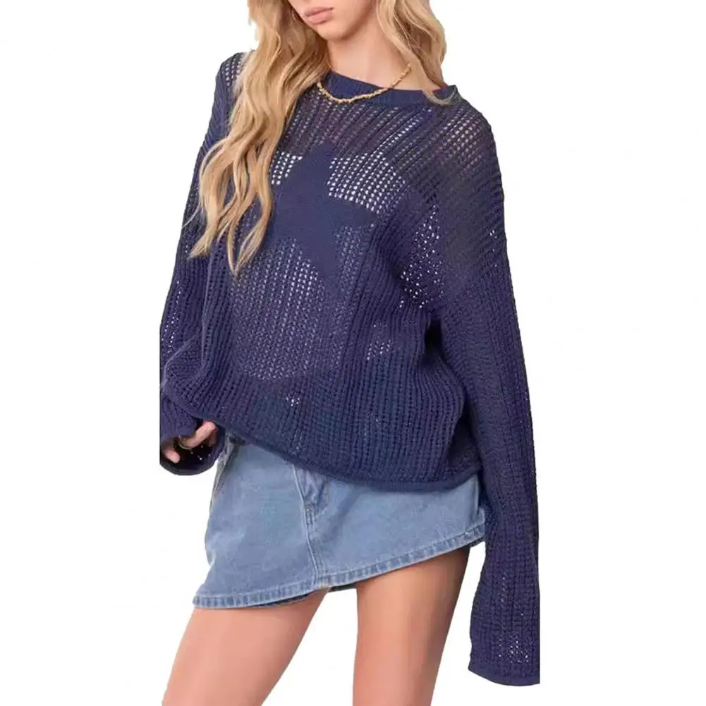 

Women Knitwear Hollow Jacquard Star Design Women's Loose Fit Knitting Tops for A Soft Skin-friendly Polyester Cover Up