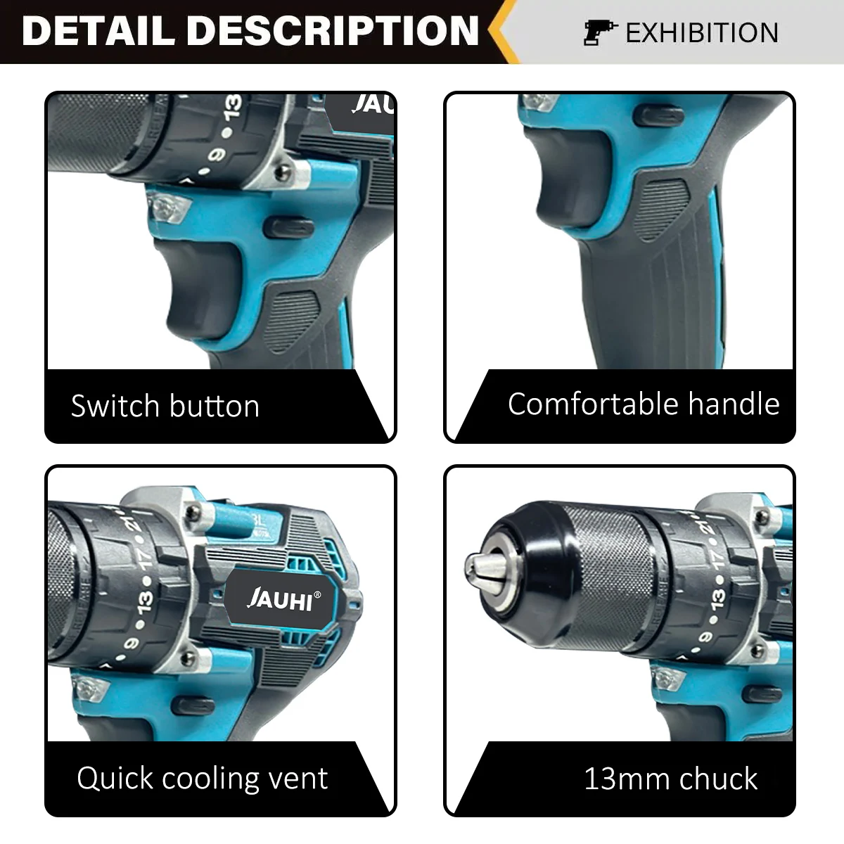 JAUHI 13MM Brushless Electric Impact Drill 35+3 Torque Cordless Screwdriver Hammer Power Tools  Makita 18V Battery