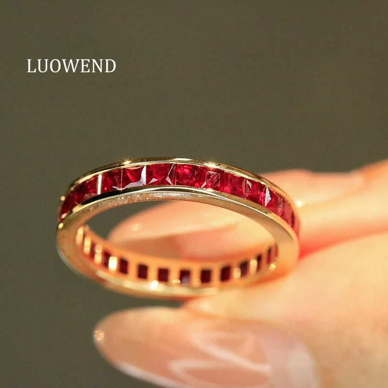 LUOWEND 100% 18K Yellow Gold Rings Women Fashion Simple Style 2.20carat Natural Ruby Engagement Ring High Gemstone Jewelry