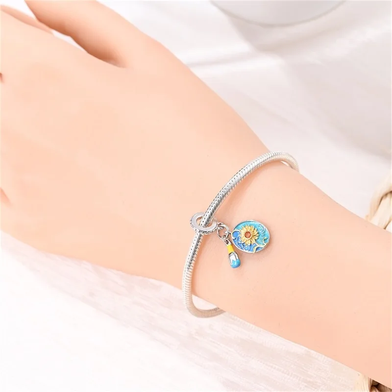 925 Sterling Silver Van Gogh Sunflower Oil Painting Charms Pendant Fit Original Bracelet DIY Women Valentine'S Day Jewelry Gift