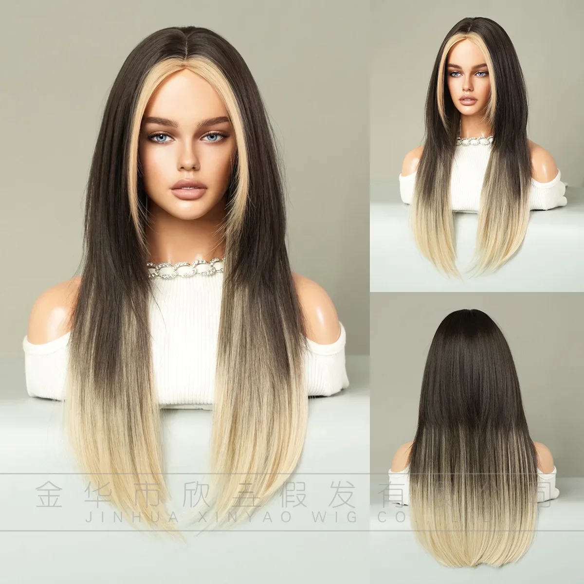 24 "lange Omber 2 Stil Mix Blondine & Schwarz Farbverlauf Farbe gerade Cosplay Haar Perücke für Halloween Weihnachten Anime Perücken