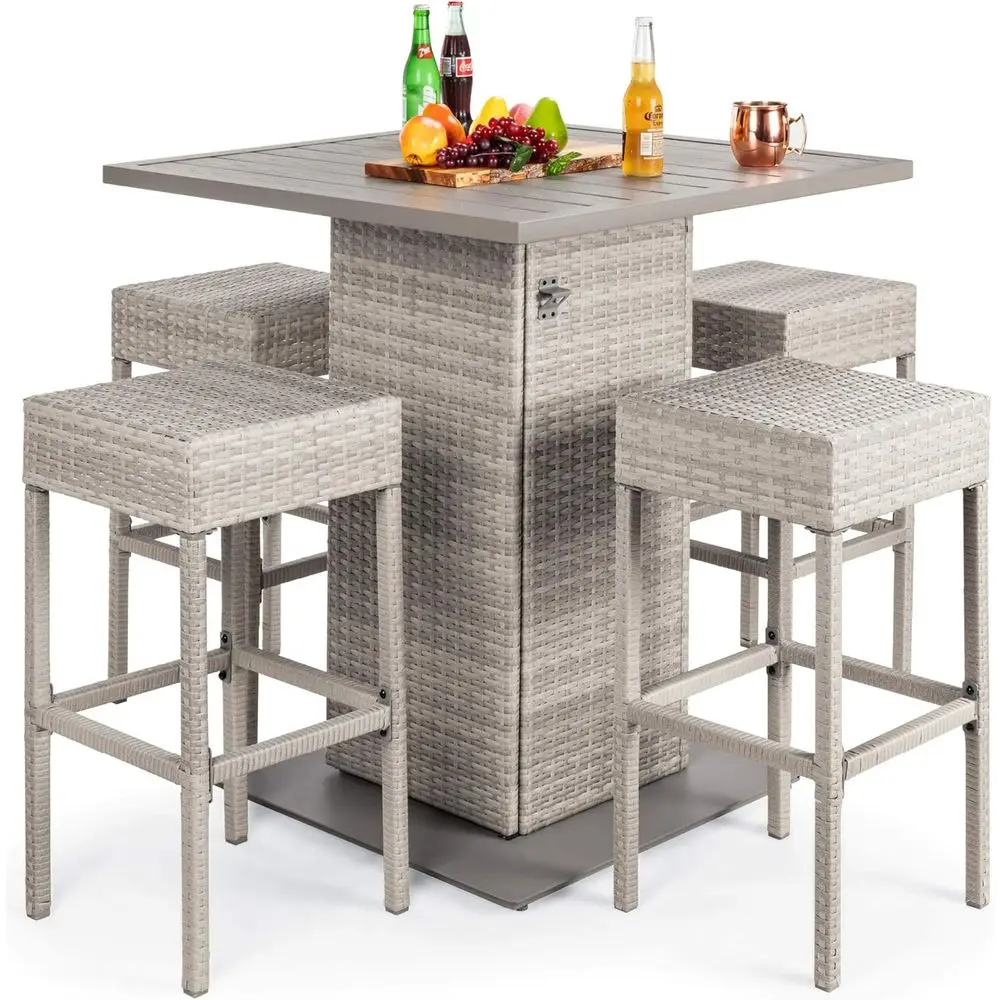 

Gray Outdoor Wicker Bar Set with 4 Stools, Bottle Opener, Storage Shelf, Metal Top for Patio or Poolside