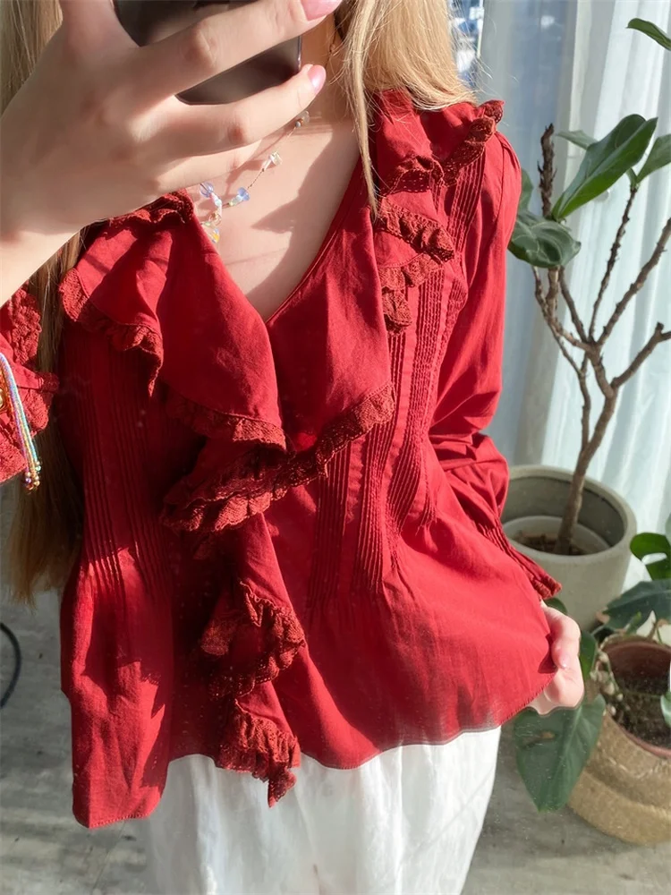 

Susan Casual Long Sve V-Ne irt Women's Top Tee Colors Lace Hem Straight Cut Cotton Vintage Sle Spring Collection