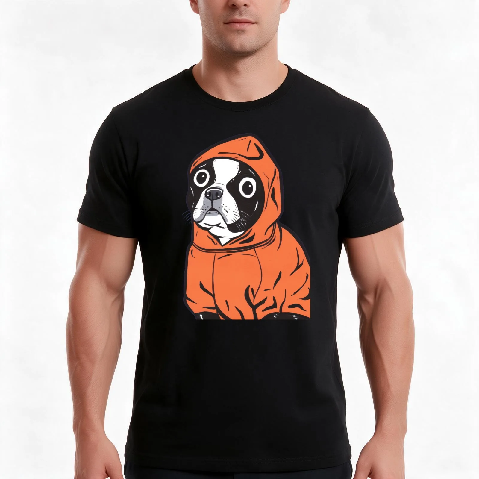Boston Terrier Orange Hoodie T-Shirt, Summer Casual Cotton Tee, Oversized Streetwear Tops, Vintage Graphic Print, 100% Cotton