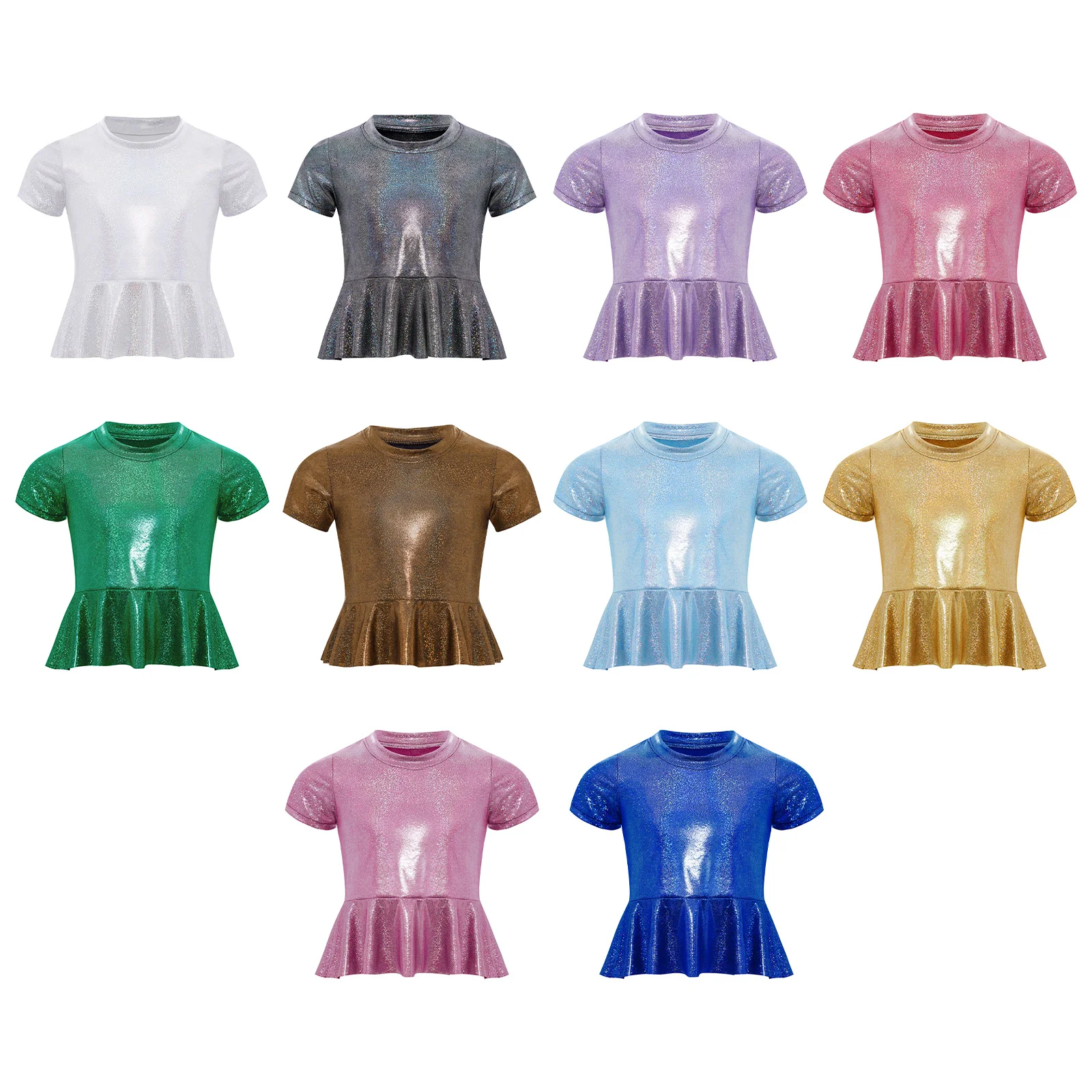 Kinder Mädchen Jazz Dance Top Metallic Schößchen Top Kurzarm T-shirt für Cheerleading Hip Hop Modern Dance Bühne Performance Party