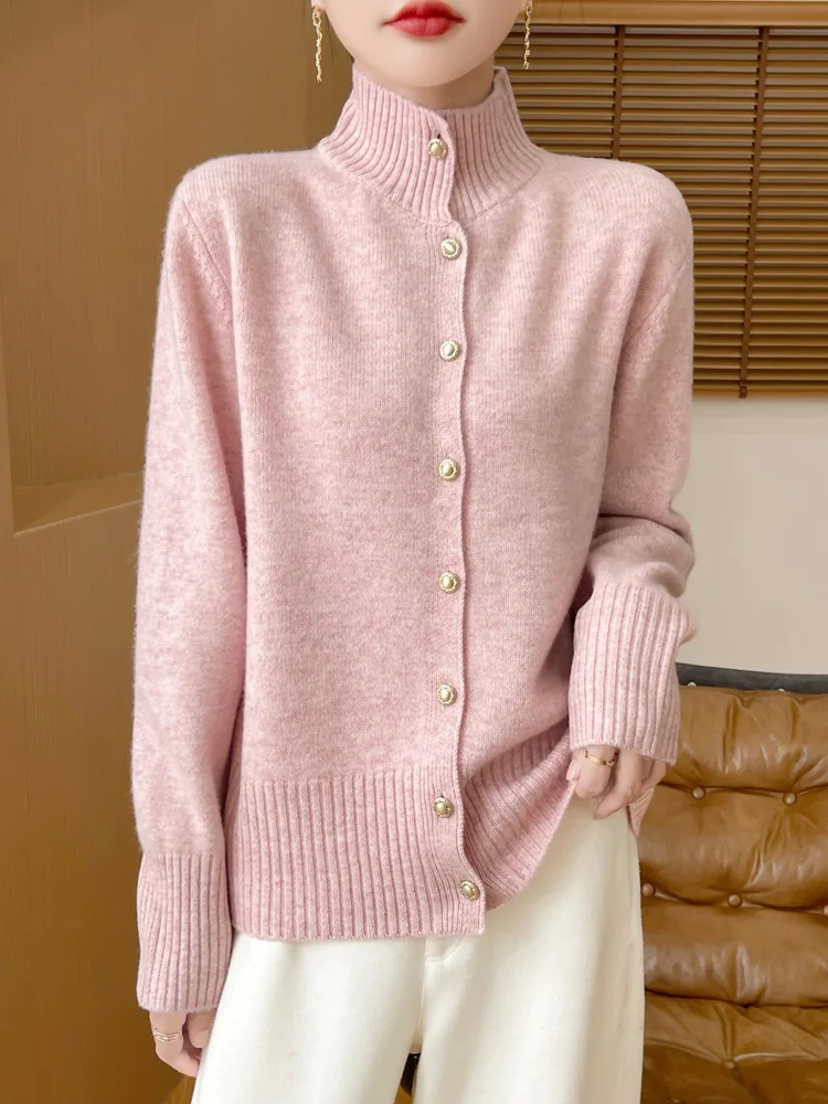 

Женский кардиган из 100% мериносовой шерсти с воротником-стойкой, осень-зима, толстый повседневный модный вязаный кашемировый свитер на пуговицах