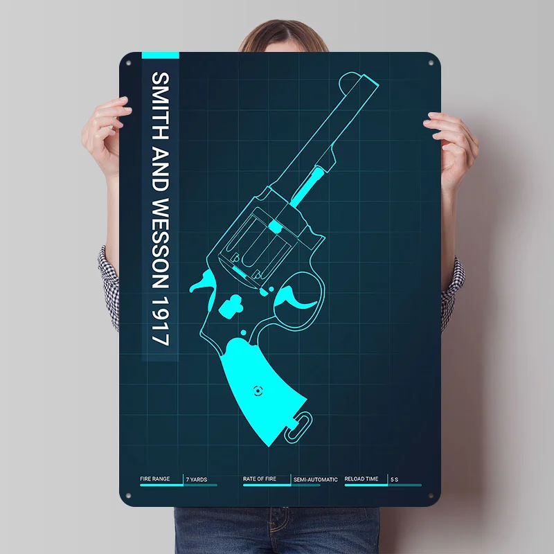 Smith and Wesson 1917 Gun Poster Customized Vintage Metal Signs Wall Art Retro Tin Plaque for Office Decoration Gaming House