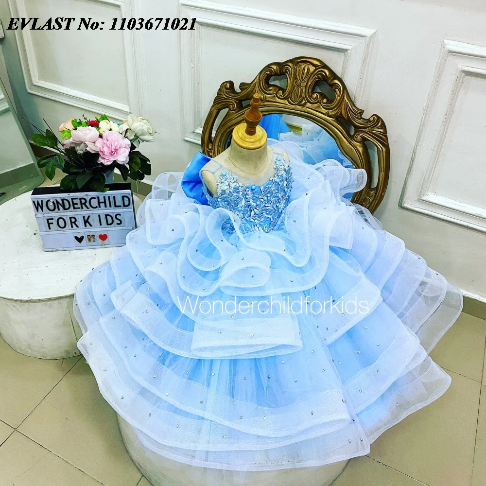 EVLAST-vestido de flor azul céu para meninas, perolização em camadas, babados organza, concurso de meninas, vestido de festa de aniversário, casamentos, fofos, FD82