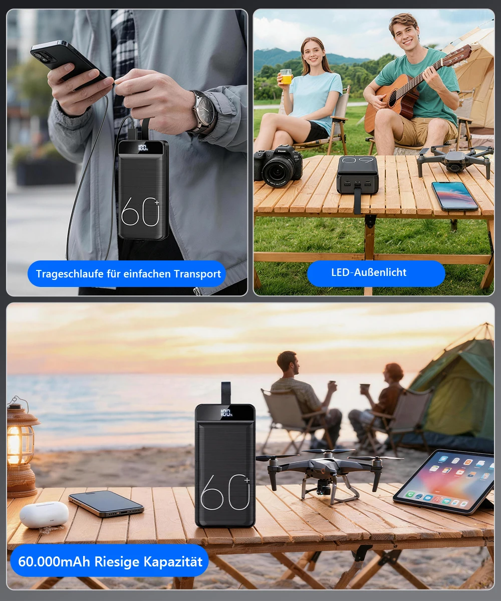 Hganus 60000mAh Powerbank 22,5W Schnellladung mit Taschenlampe Tragbare Powerbank Externer Akku für iPad iPhone Samsung Xiaomi – Detail 4