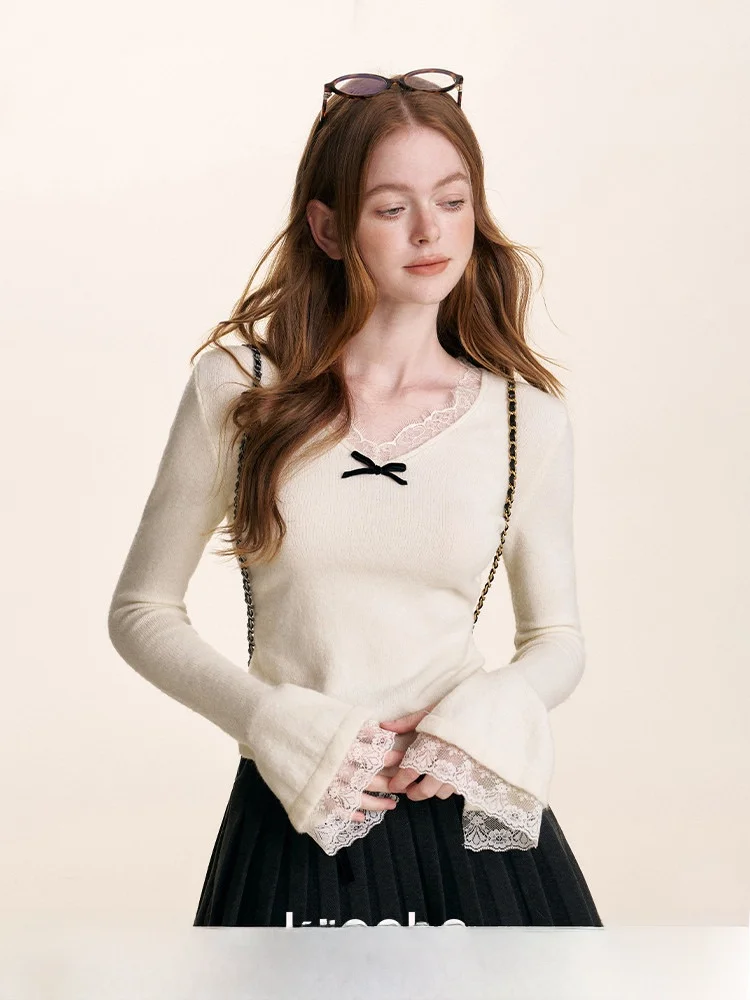 

Женская модная вязаная базовая кофта Kroche с V-образным вырезом, романтичным кружевом, бархатными вставками и узлами, приталенного кроя, для повседневной носки