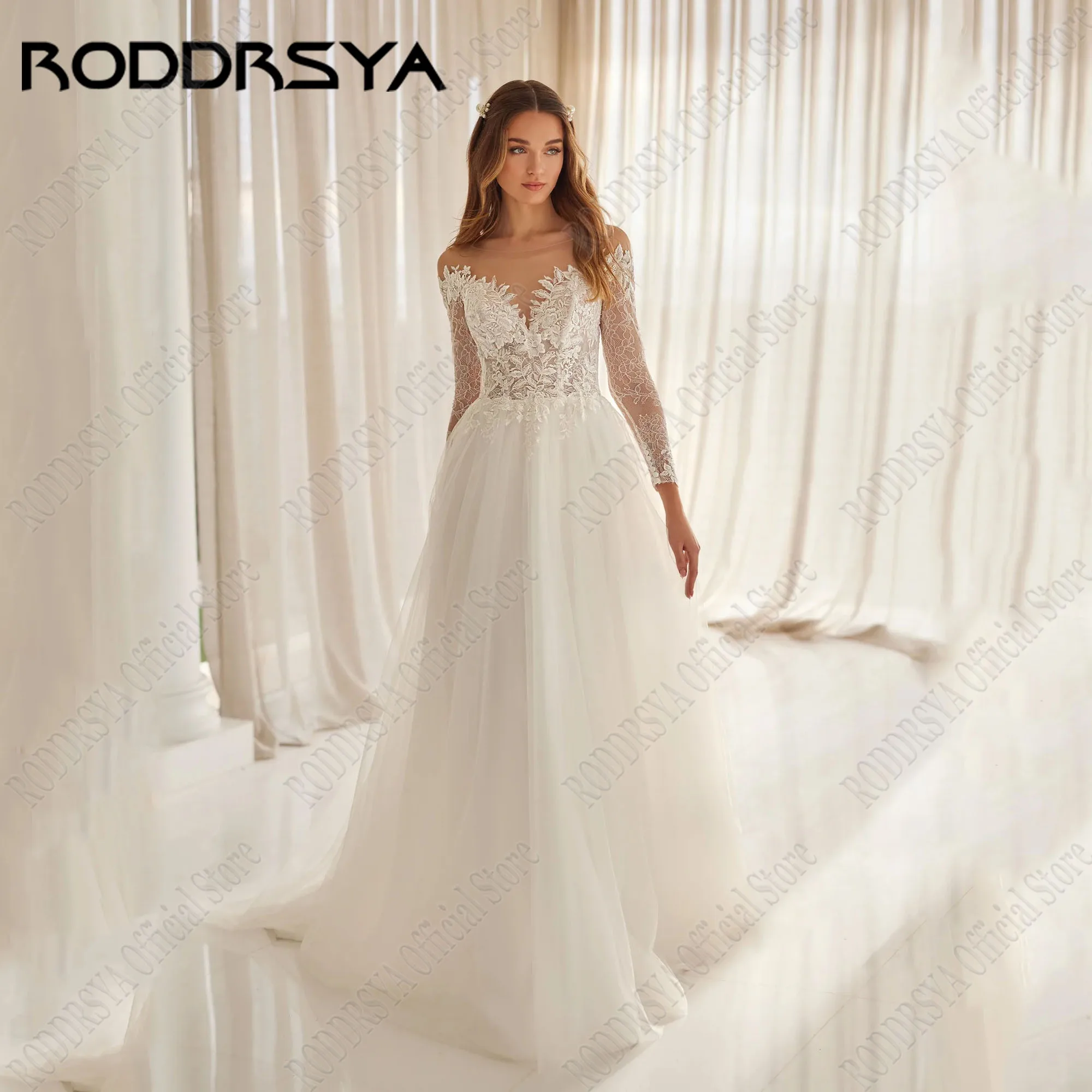 RODDRSYA-Robe de Mariée en Tulle à Manches sulfet Col Rond, Personnalisée, Ligne A, Dos Coudé, Dentelle Appliquée, Quelle que soit l'ÉléganteRoddrsya personnalisé manches longues col rond robe de mariée a ligne illusio