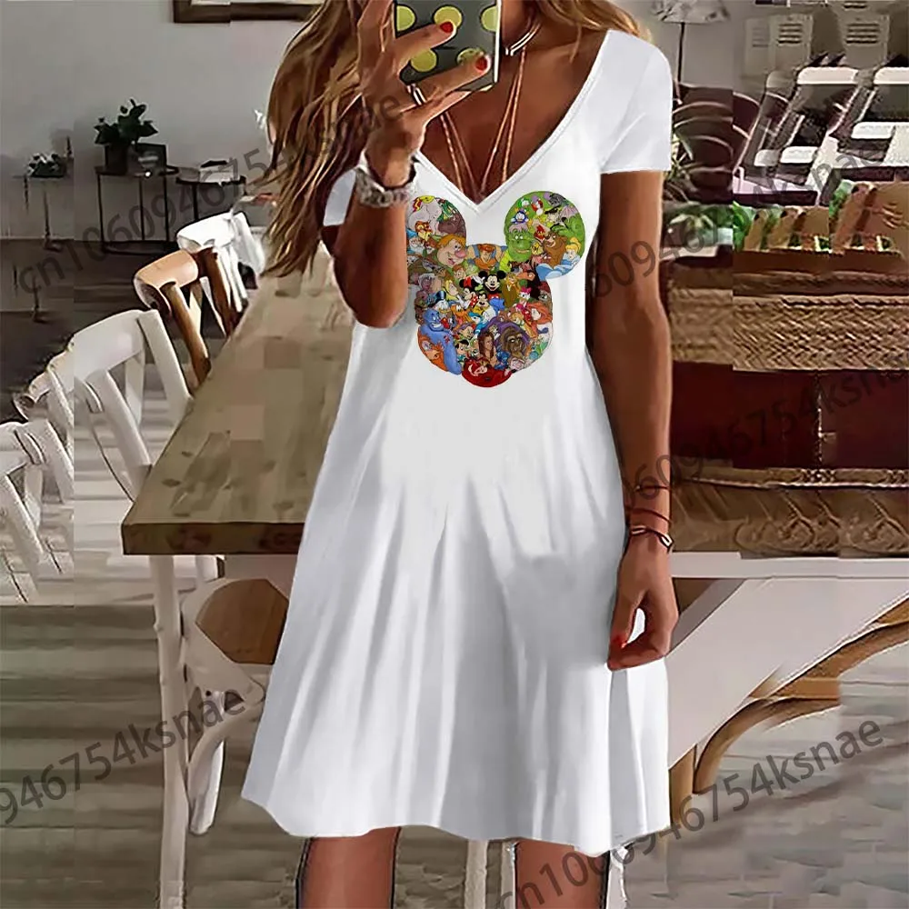 Disney   V Neck Beach Outfits for Women Clothing Elegant Casual Women\'s Dresses Summer 2022 Woman Korean Style Dress Playa Skirt