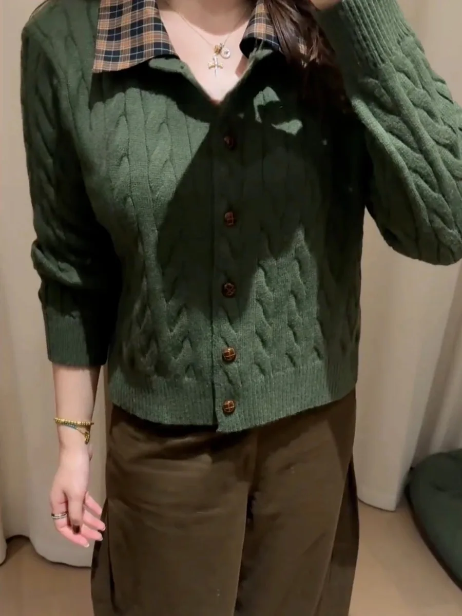 Große Größe Herbst Winter Koreanische Plaid Spleißen Twist Stricken Casual Vielseitig Gestrickte Offene Strickjacke Einzigartige Exquisite Pullover